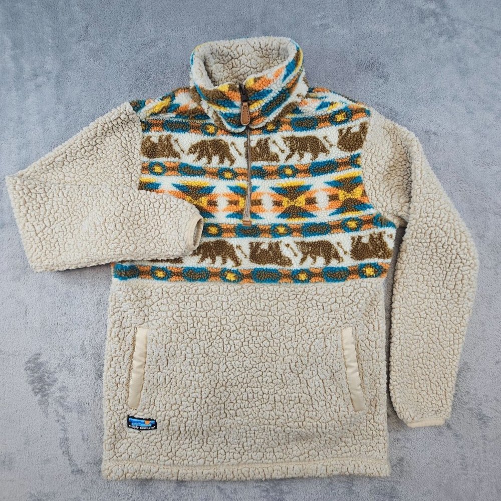 Simply Southern Pullover Women's Small Multicolor Sherpa Aztec Bear 1/4 Zip